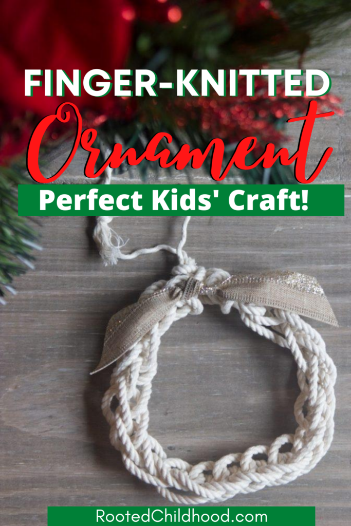 finger-knitted wreath ornament for kids