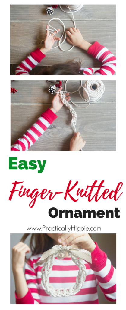 Easy finger-knitted wreath ornament, perfect craft for kids! | www.PracticallyHIppie.com