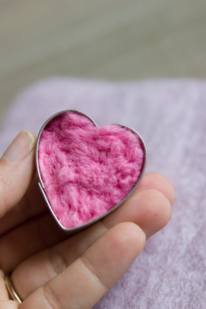 needle felted hearts with cookie cutters and an instructional story for kids