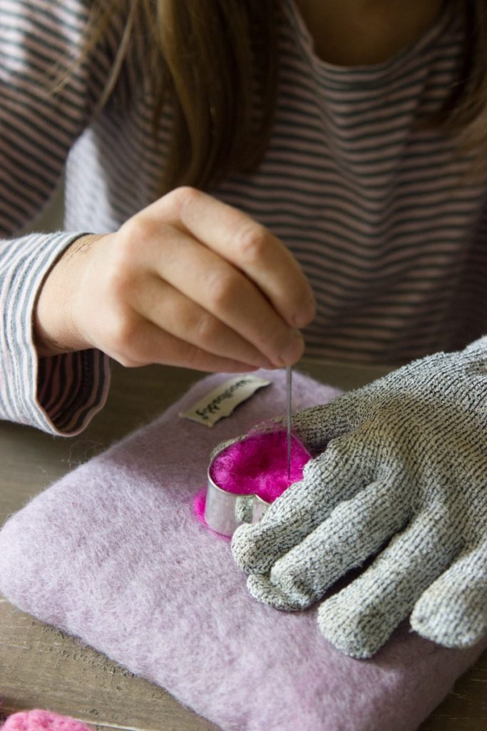 needle felted hearts with cookie cutters and an instructional story for kids